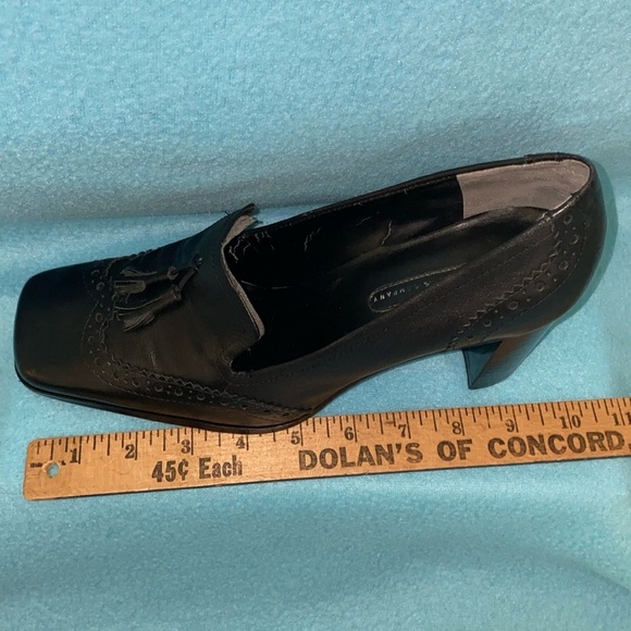 NINE & COMPANY leather wingtip slip on tassel chunky stacked heel black size 9M - Picture 12 of 12